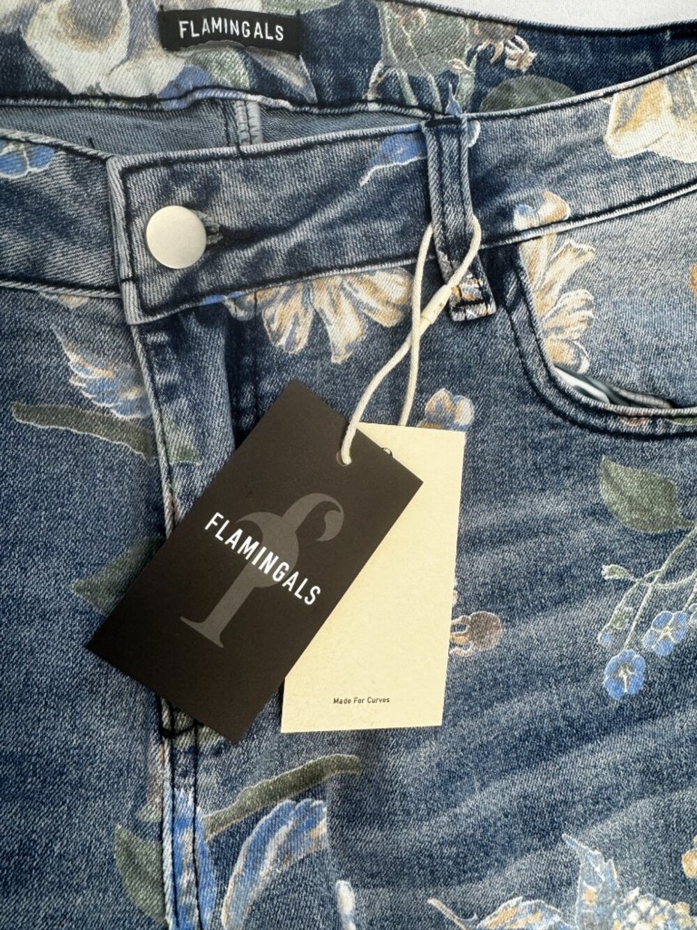 NWT Flamingals Mid Blue Cream Floral Print Jeans Sz XL - Picture 6 of 11
